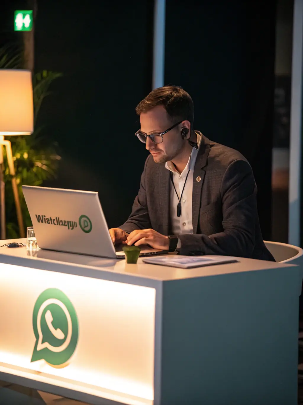 An image depicting a business professional efficiently managing customer inquiries and providing support through WhatsApp on a laptop.