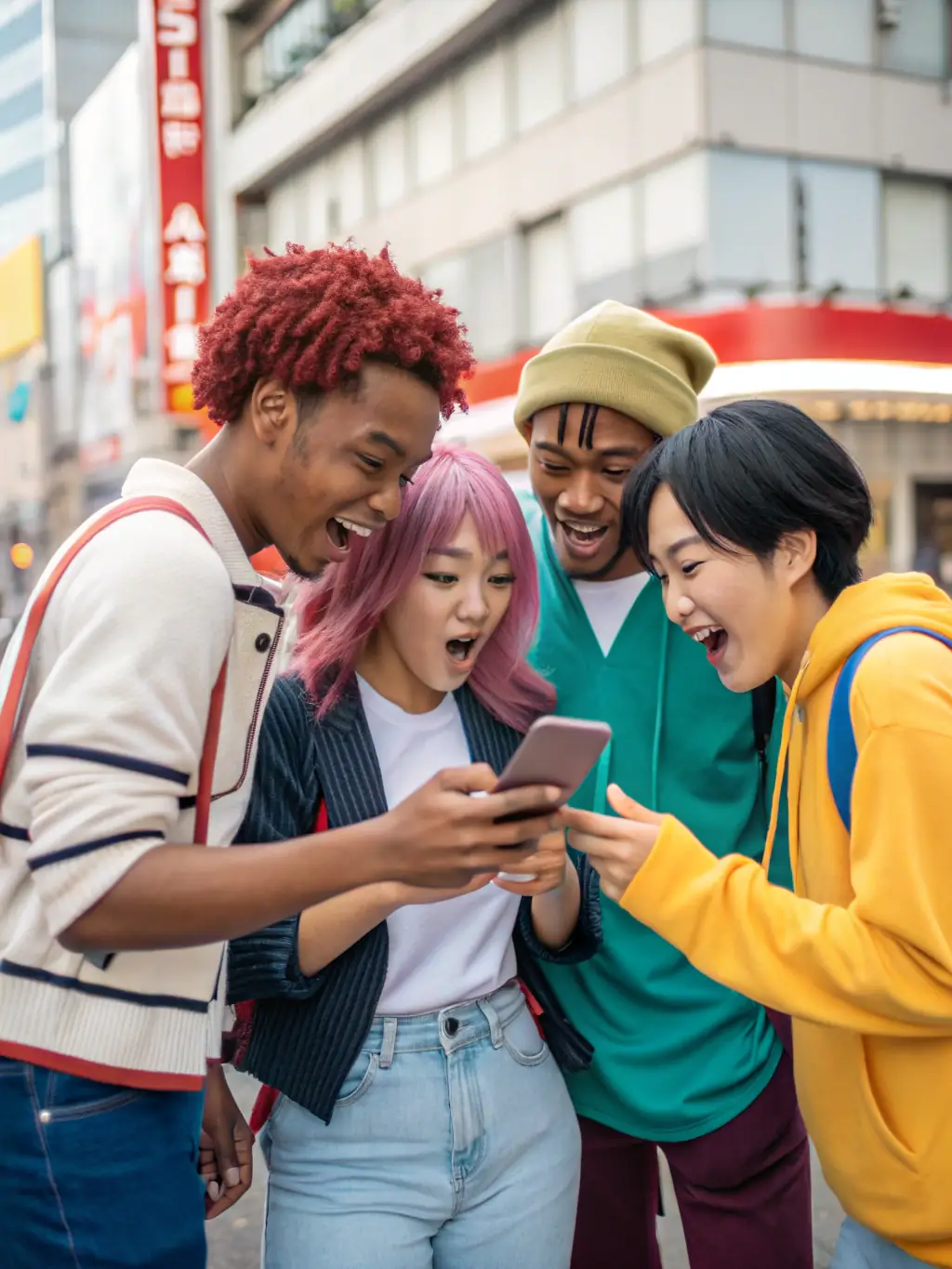 A vibrant image of a diverse group of people happily interacting with their smartphones, showcasing the widespread adoption of WhatsApp for communication.